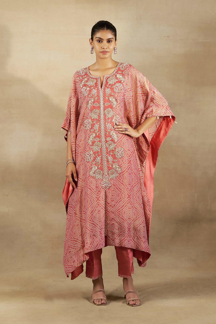 PEACH BANDHANI TISSUE EMBROIDERED KAFTAN WITH SILK PANT