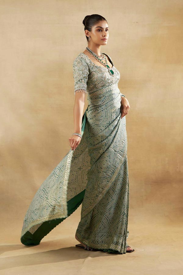 GREEN BANDHANI TISSUE SAREE WITH EMBROIDERED BLOUSE