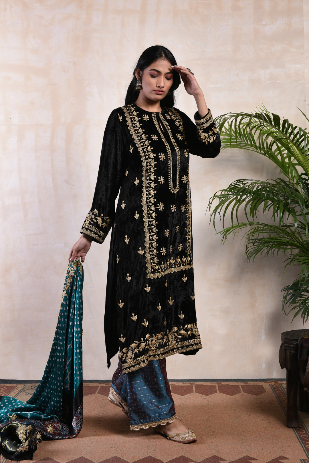 Black Velvet Kurta Set with Bandhej Dupatta