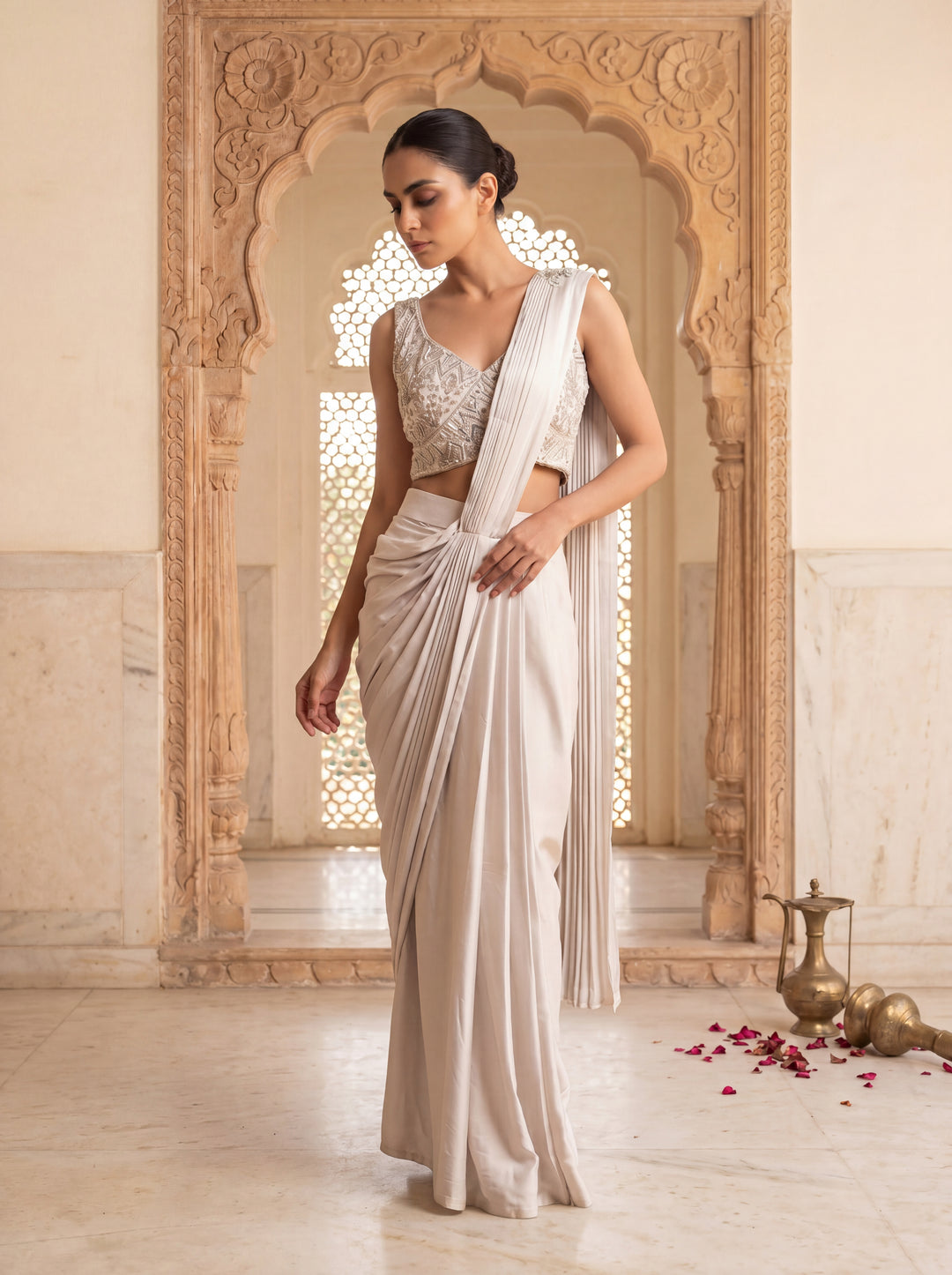 Silver-Grey Hand Embroidered Sequin Saree Set