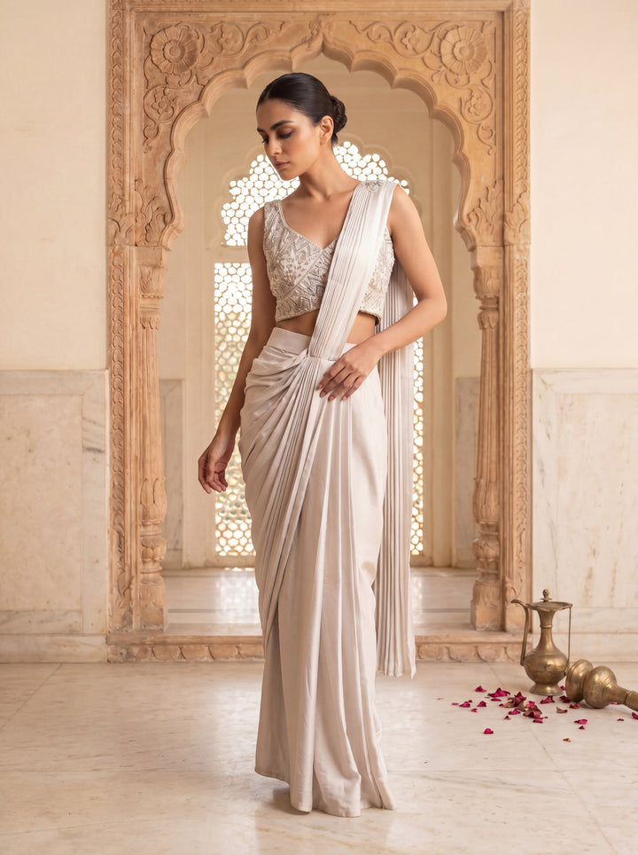 Silver-Grey Hand Embroidered Sequin Saree Set