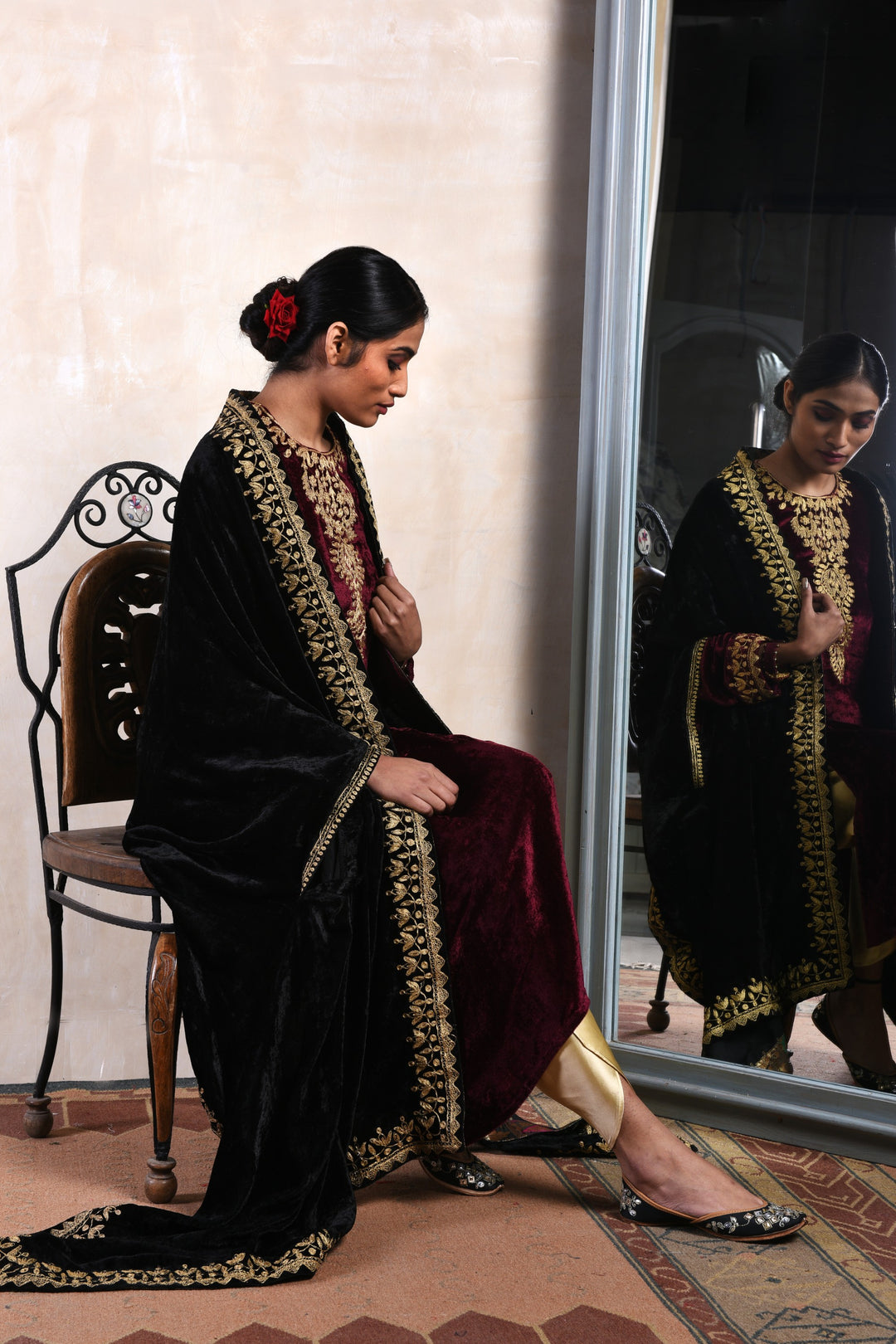 Maroon Velvet Kurta Set with Tulip Pants & Velvet Dusala