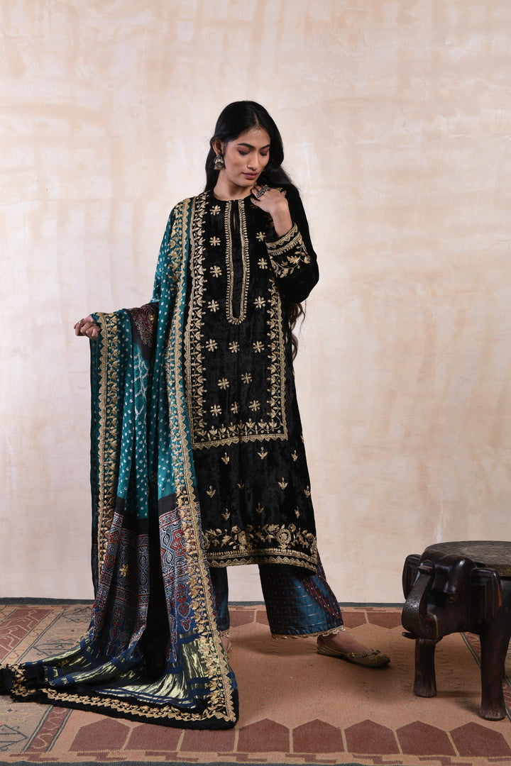 Black Velvet Kurta Set with Bandhej Dupatta