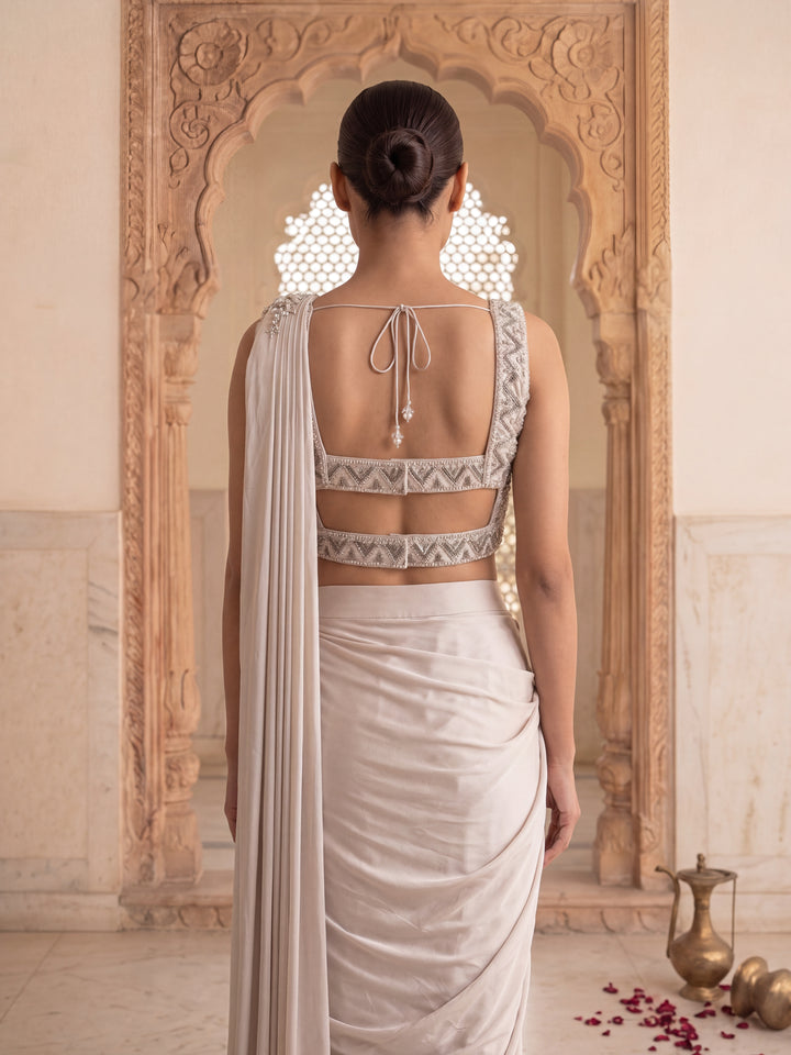 Silver-Grey Hand Embroidered Sequin Saree Set