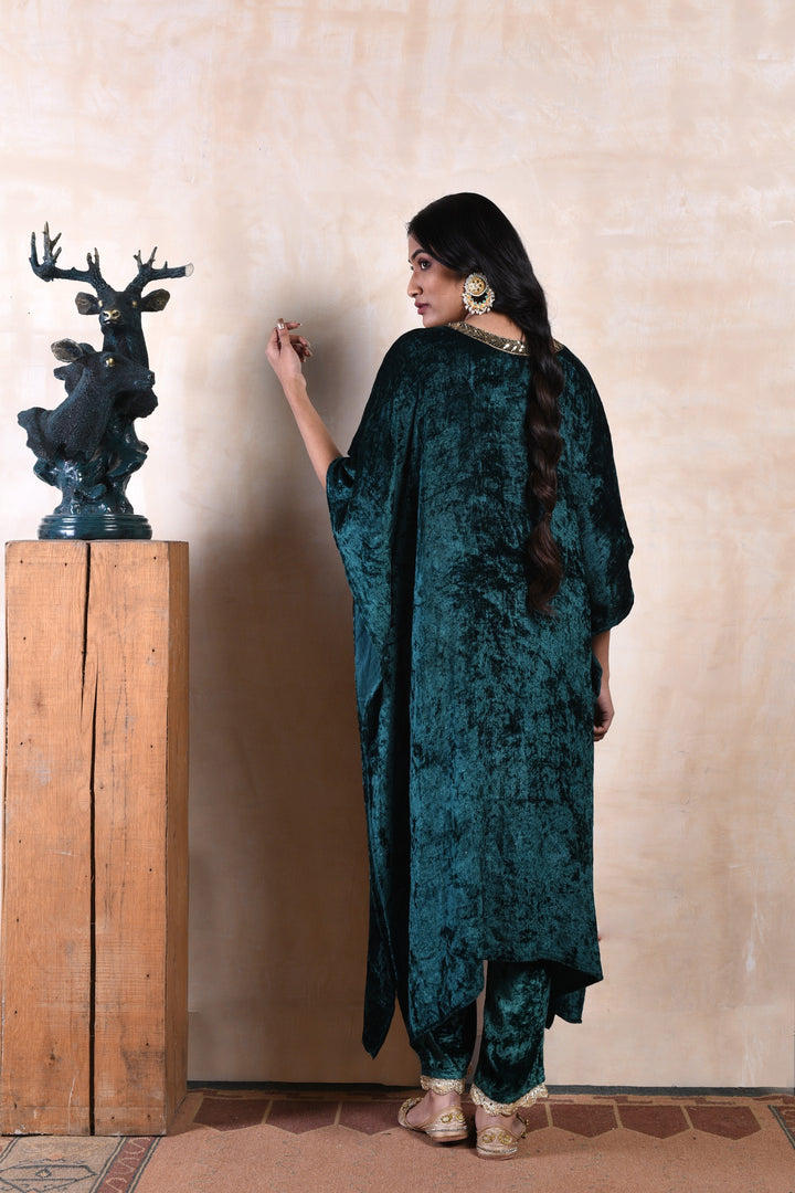 Green Velvet Kaftan Set with Pants