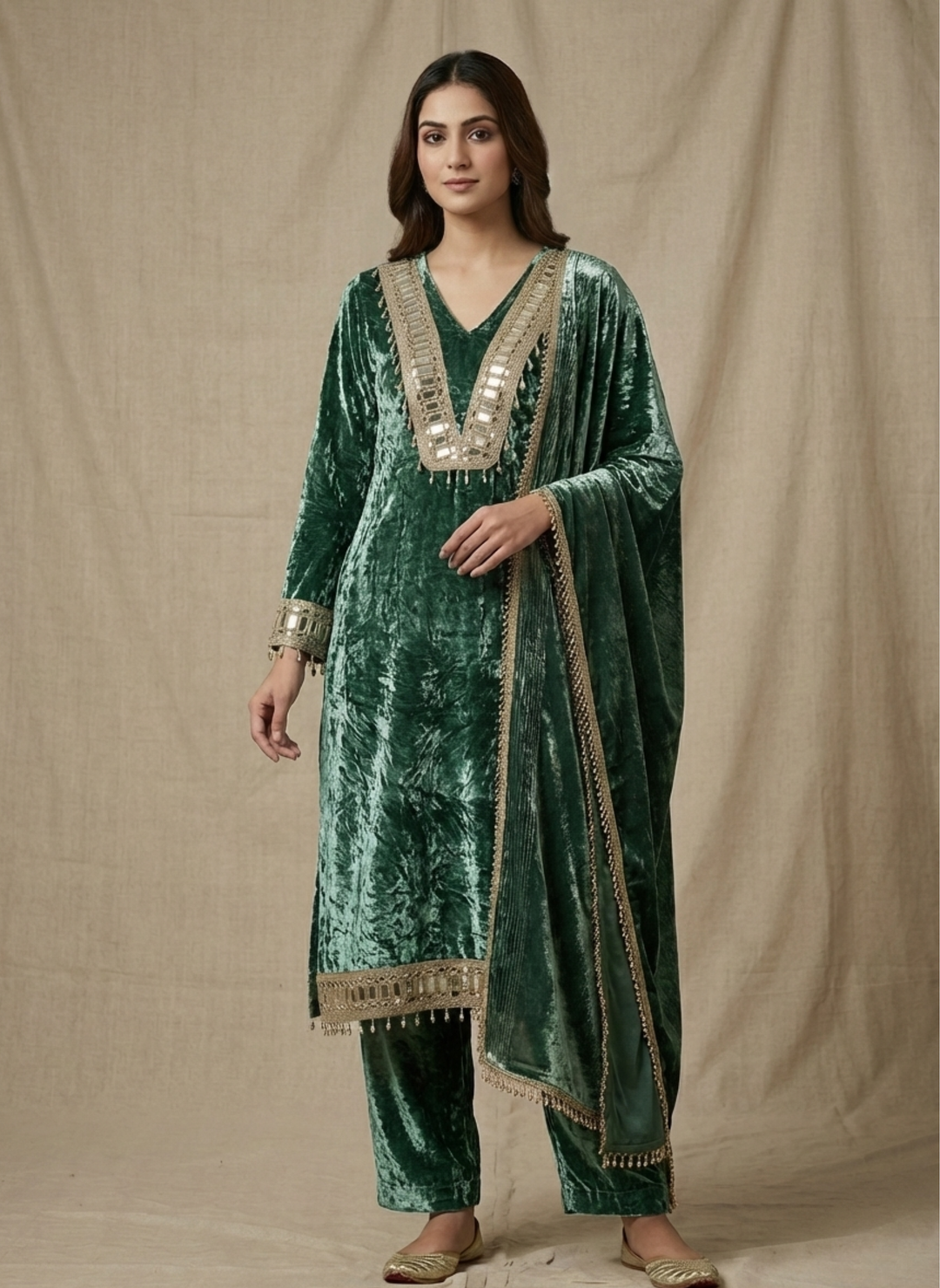 Emerald Royale Mirror-Embellished Crushed Velvet Set
