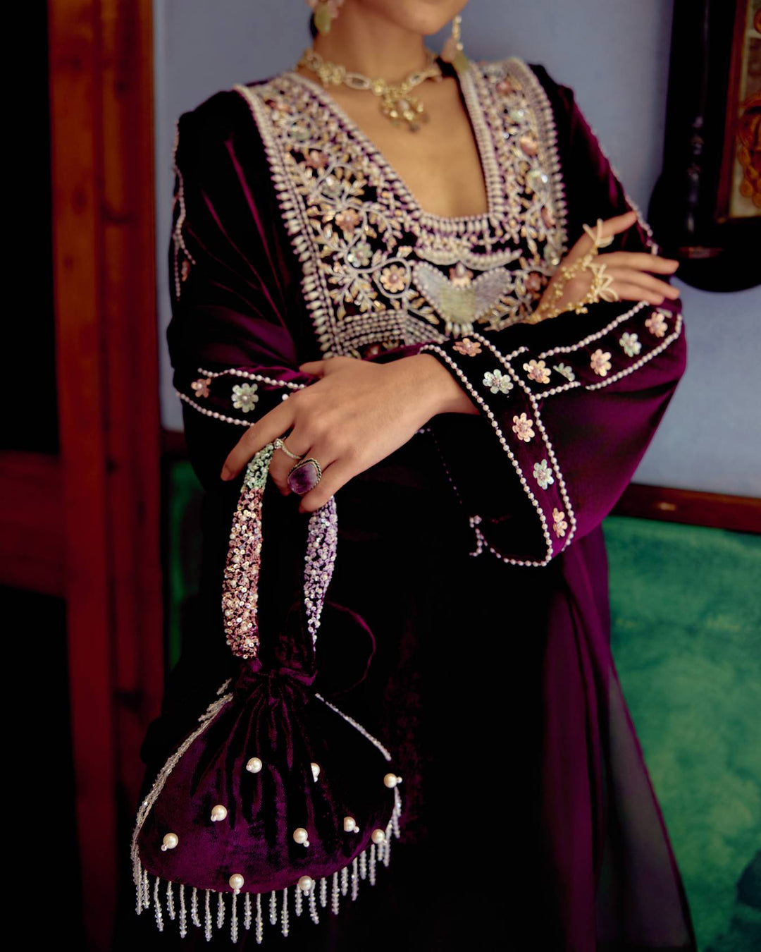 Plum Majestic Silver Embroidered Velvet Kurta Set