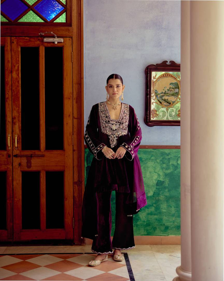 Plum Majestic Silver Embroidered Velvet Kurta Set