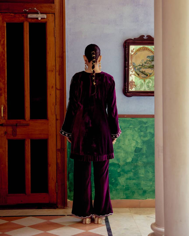 Burgundy Charm Floral Embroidered Velvet Kurta Set