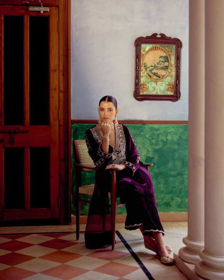 Plum Majestic Silver Embroidered Velvet Kurta Set