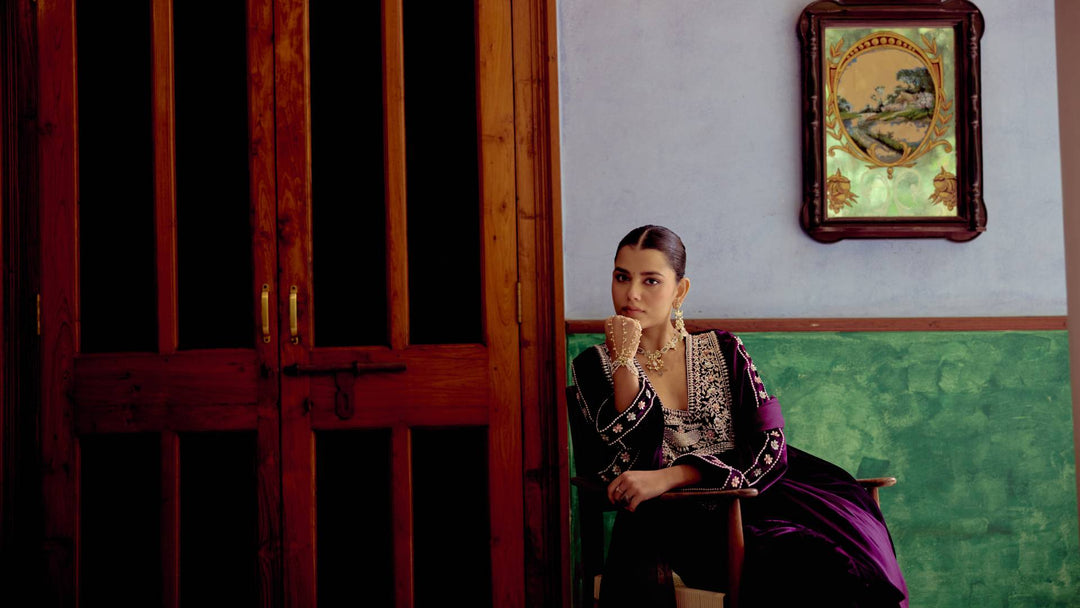 Plum Majestic Silver Embroidered Velvet Kurta Set