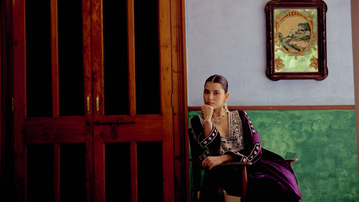 Plum Majestic Silver Embroidered Velvet Kurta Set