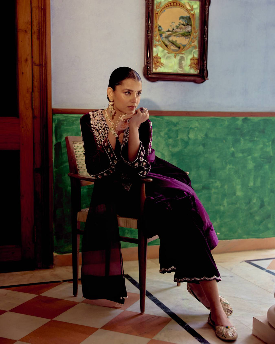 Plum Majestic Silver Embroidered Velvet Kurta Set