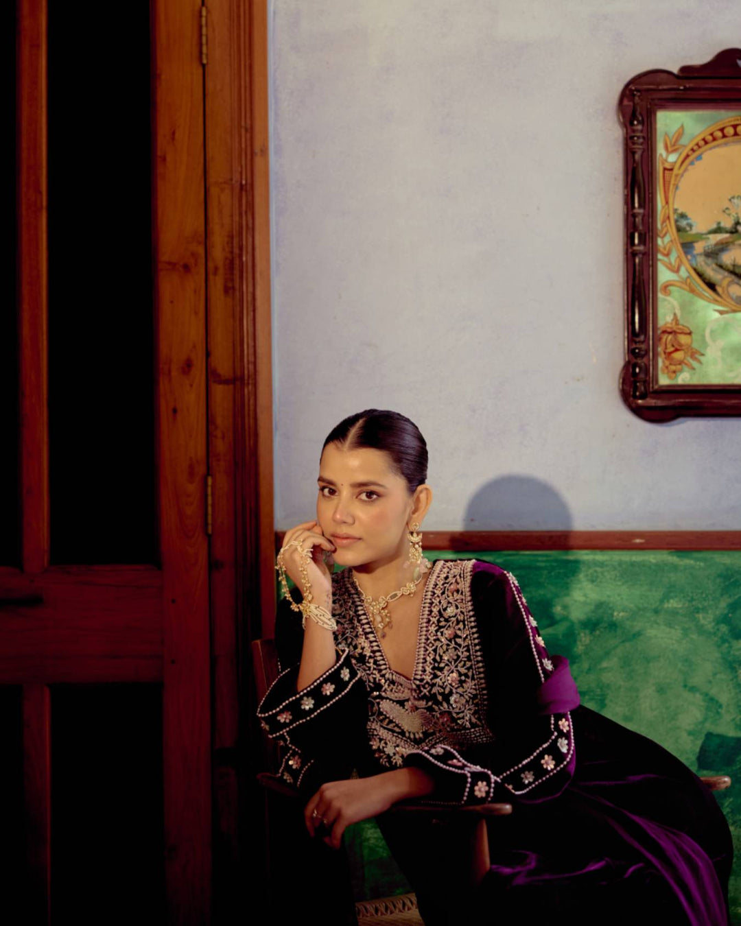 Plum Majestic Silver Embroidered Velvet Kurta Set