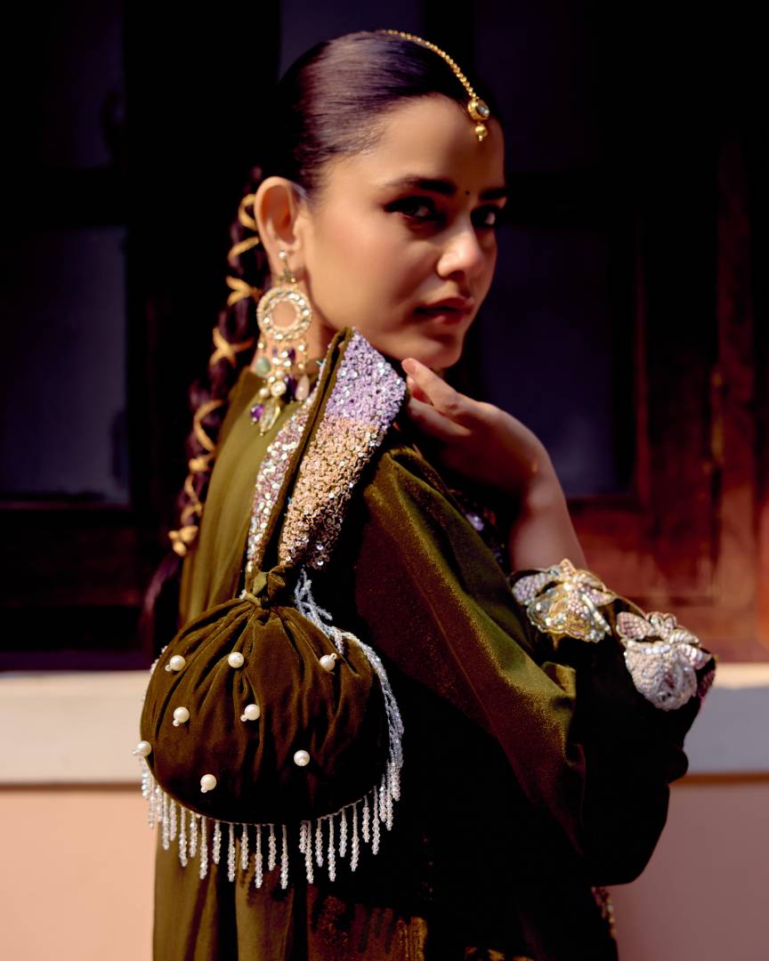 Olive Pearl & Sequin Embroidered Velvet Kurta Set