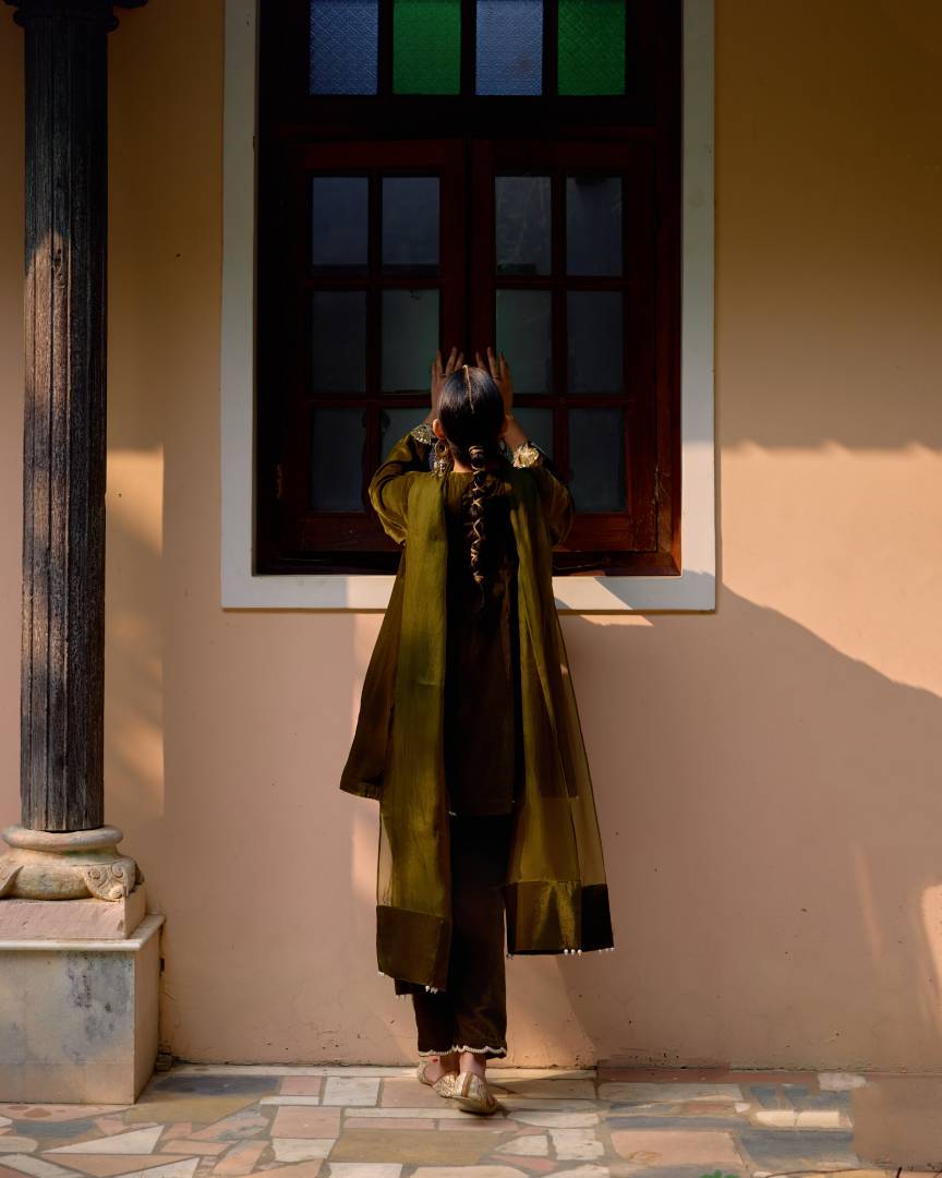 Olive Pearl & Sequin Embroidered Velvet Kurta Set