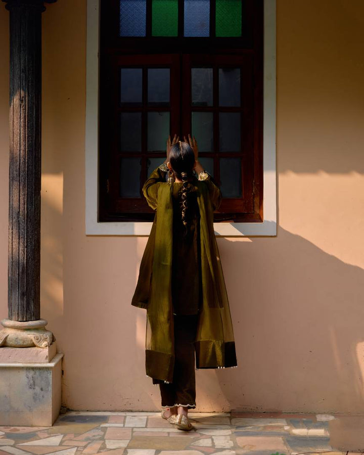 Olive Pearl & Sequin Embroidered Velvet Kurta Set