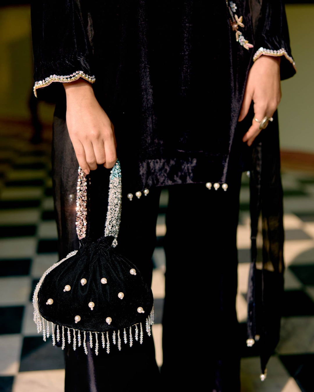 Obsidian One-Shoulder Embroidered Velvet Set