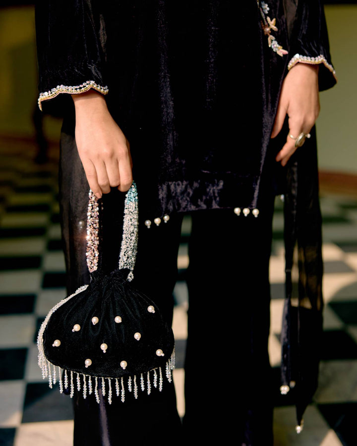 Obsidian One-Shoulder Embroidered Velvet Set