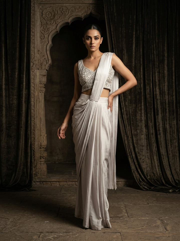 Silver-Grey Hand Embroidered Sequin Saree Set