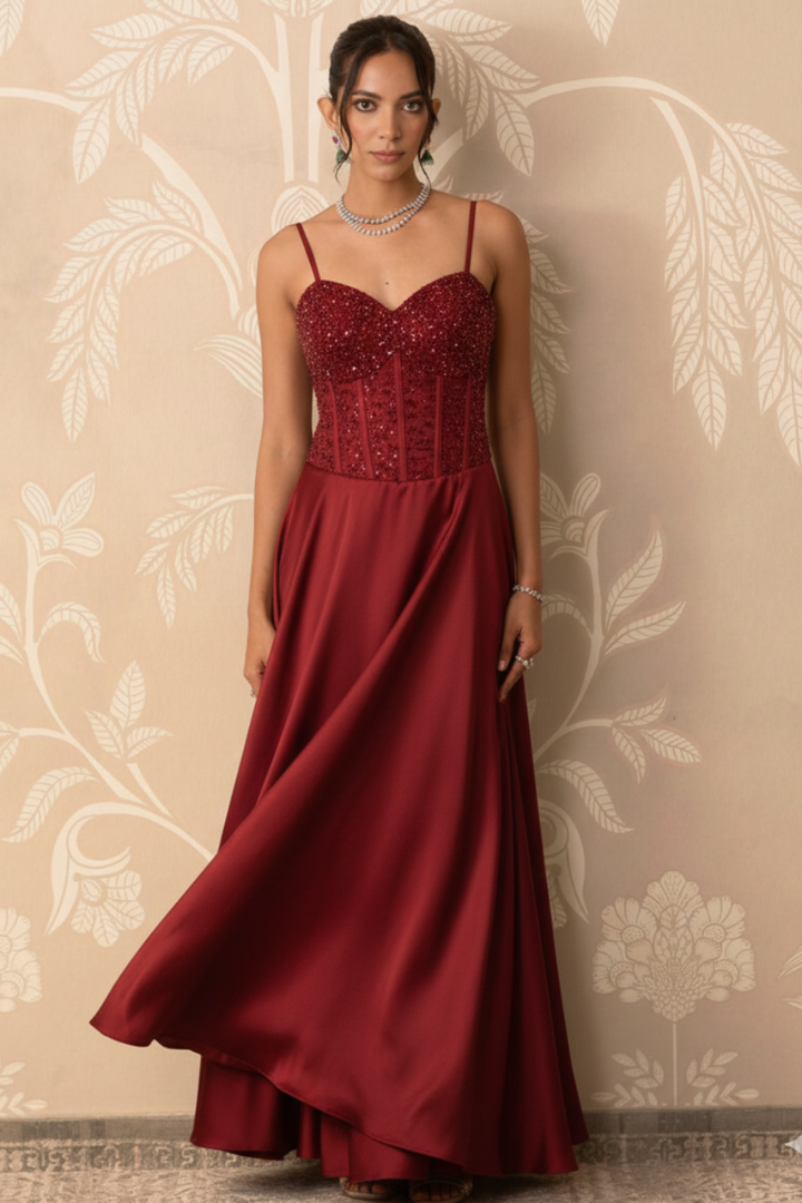 Crimson Desire Structured Corset & Satin Gown