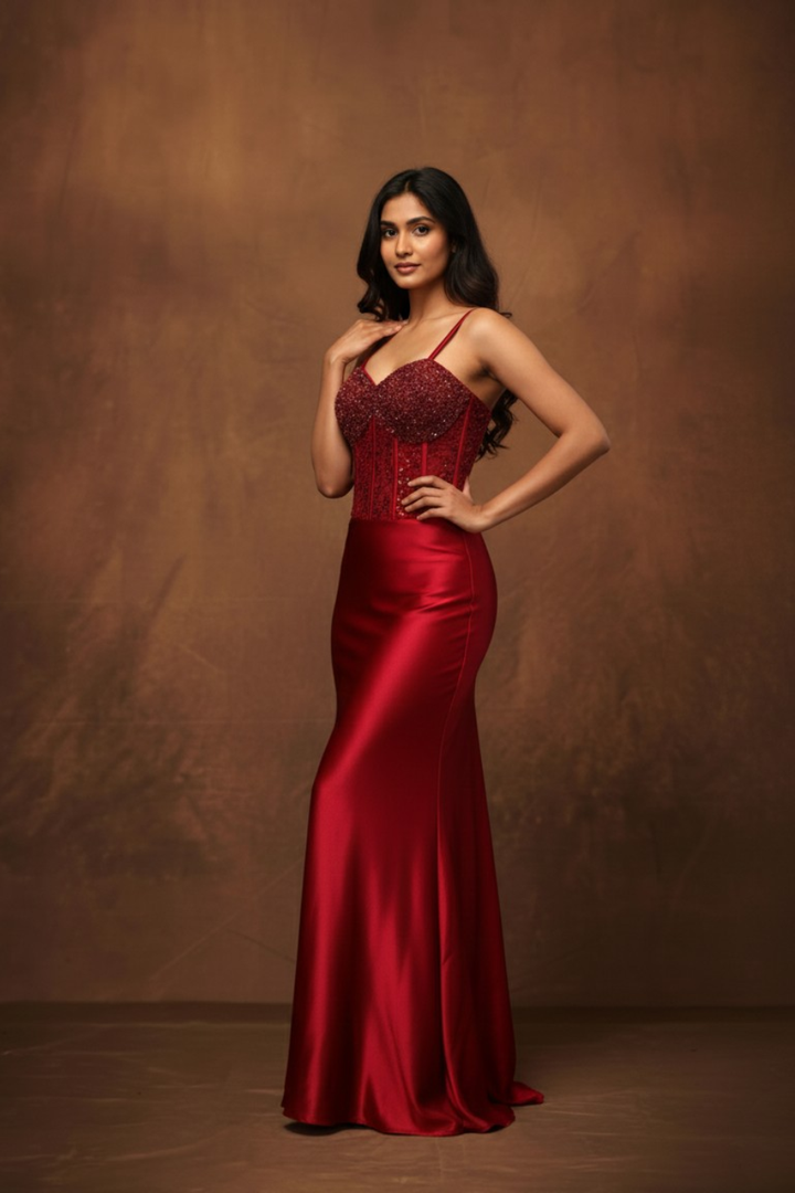 Crimson Desire Structured Corset & Satin Gown