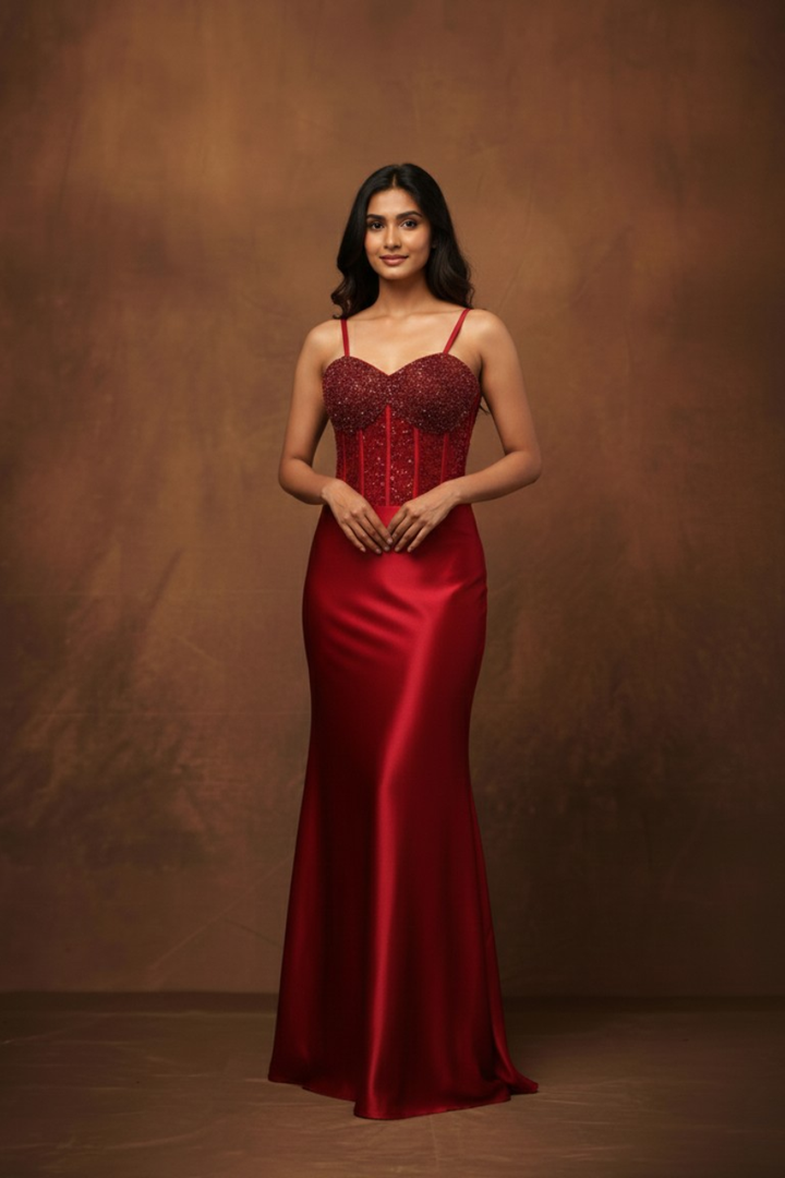 Crimson Desire Structured Corset & Satin Gown