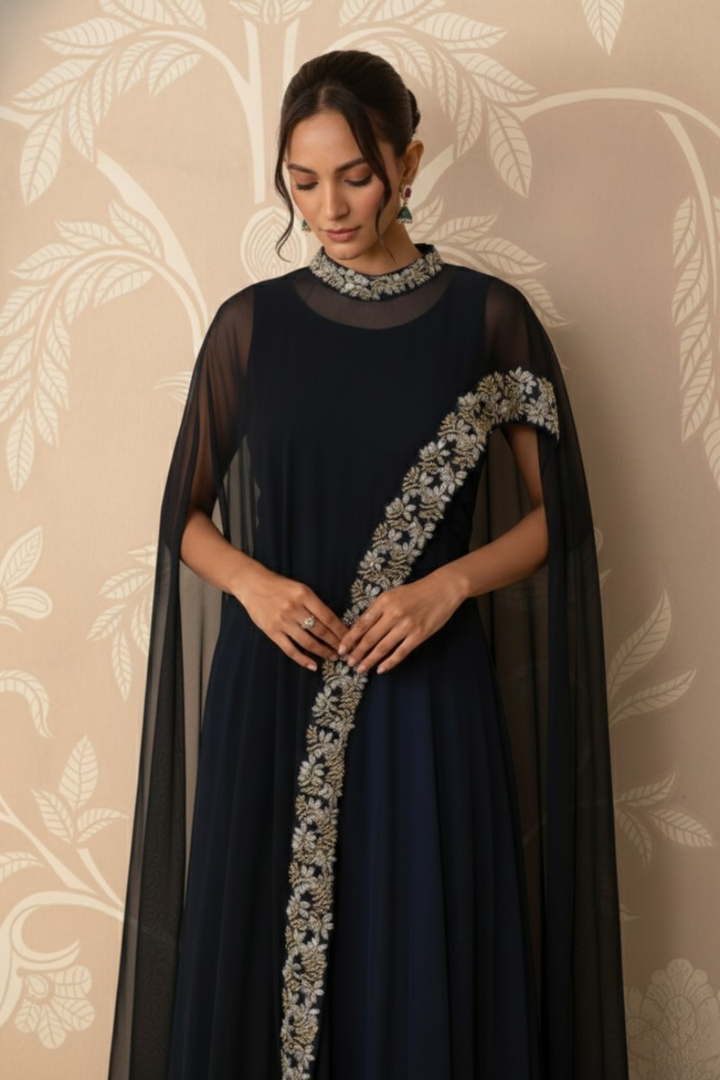 Midnight Grace Embroidered Cape Gown Set