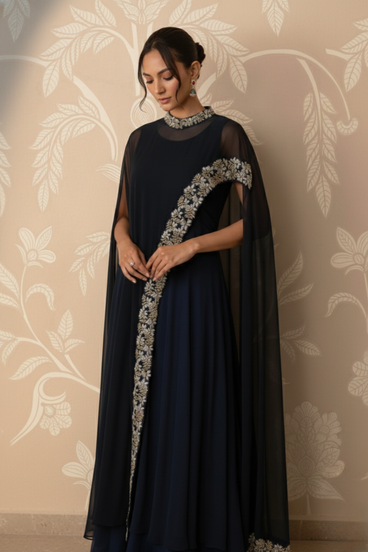 Midnight Grace Embroidered Cape Gown Set