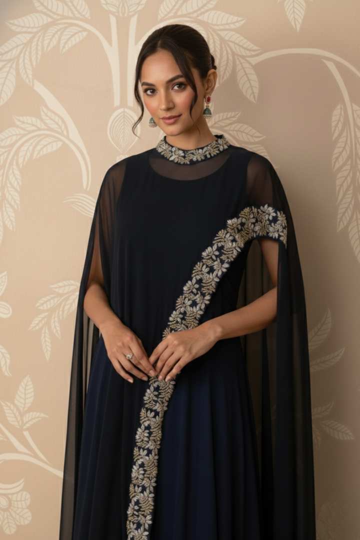 Midnight Grace Embroidered Cape Gown Set