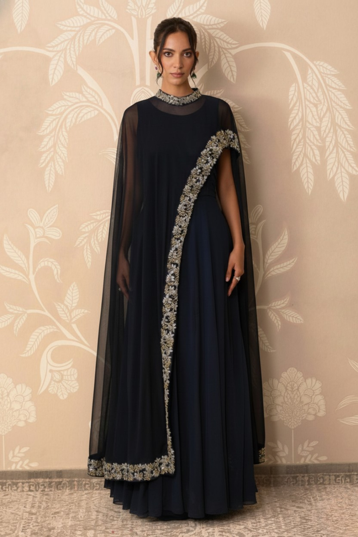 Midnight Grace Embroidered Cape Gown Set
