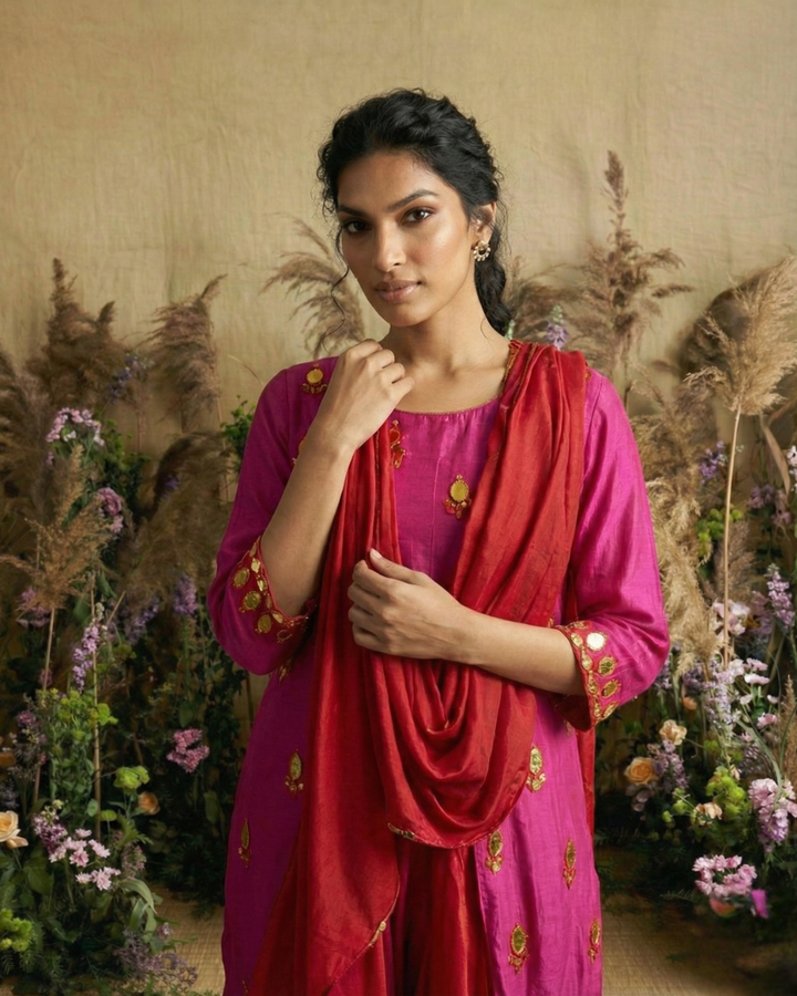 Fuchsia Fusion Hand-Embroidered Dhoti Set