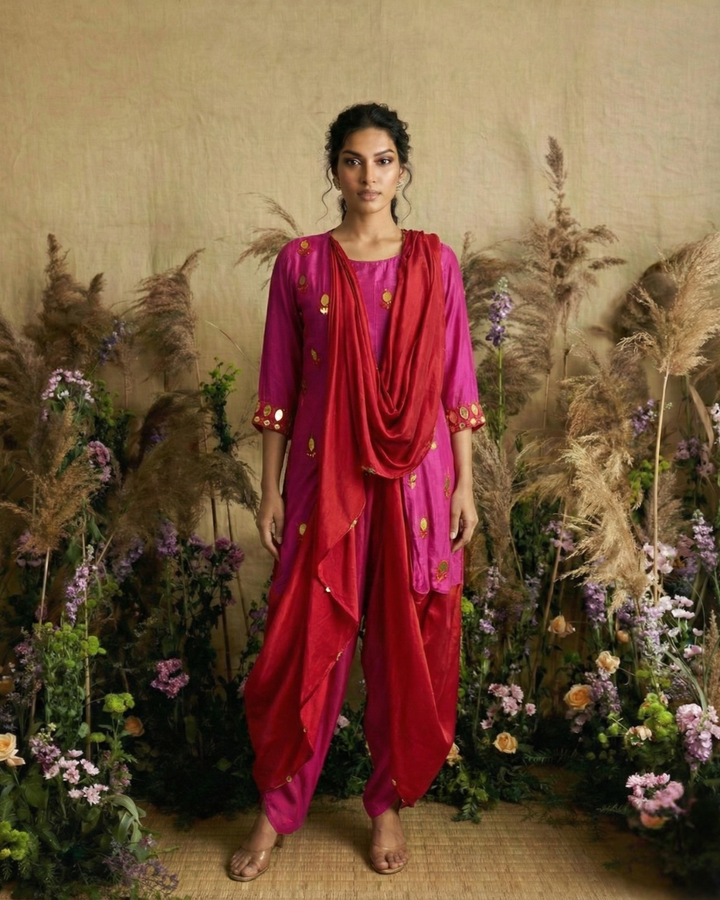 Fuchsia Fusion Hand-Embroidered Dhoti Set