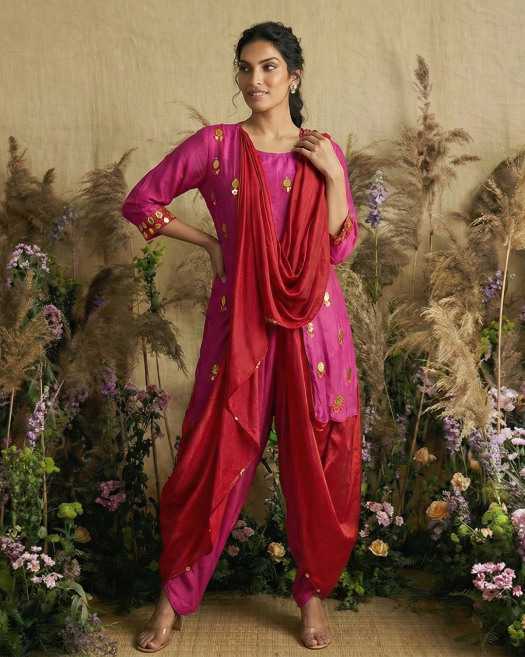 Fuchsia Fusion Hand-Embroidered Dhoti Set