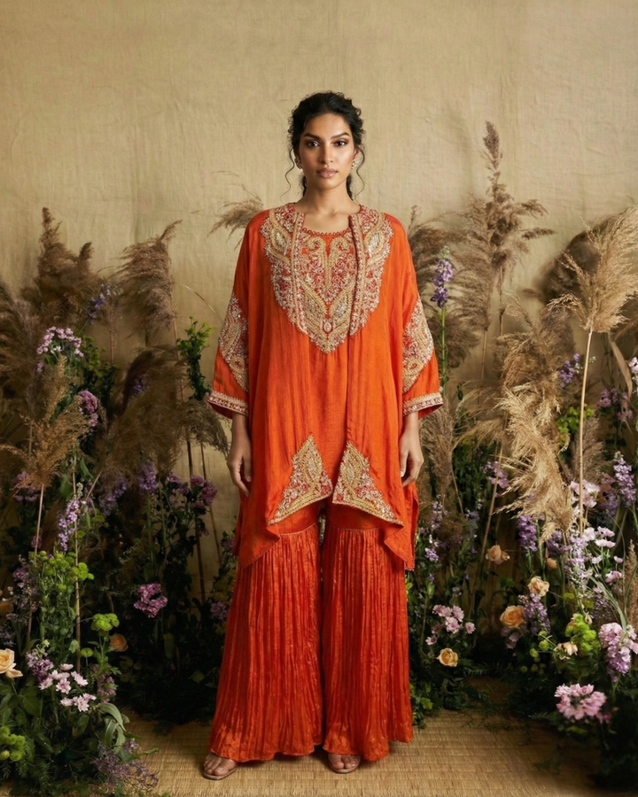 Sunset Opulence Hand-Embroidered Kaftan with Sharara