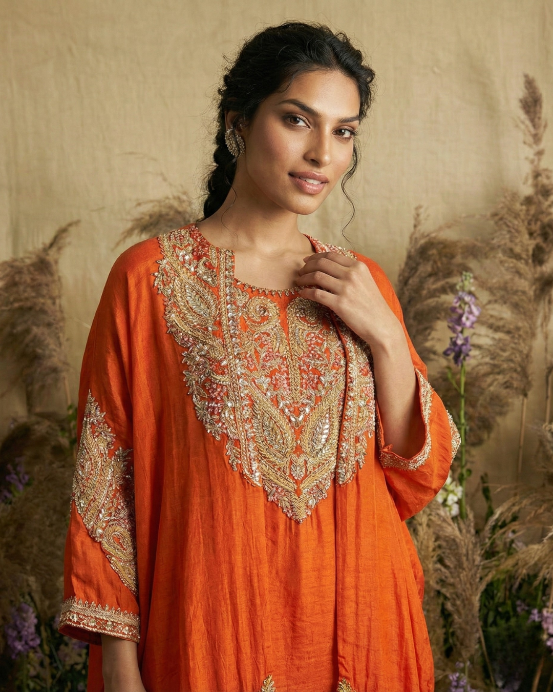 Sunset Opulence Hand-Embroidered Kaftan with Sharara
