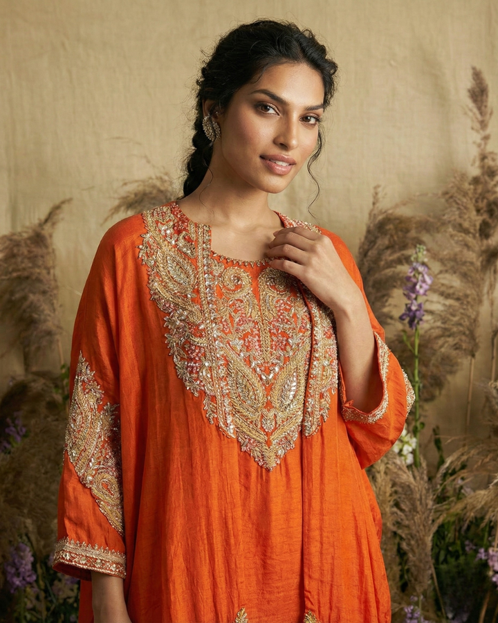 Sunset Opulence Hand-Embroidered Kaftan with Sharara