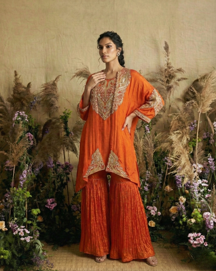 Sunset Opulence Hand-Embroidered Kaftan with Sharara