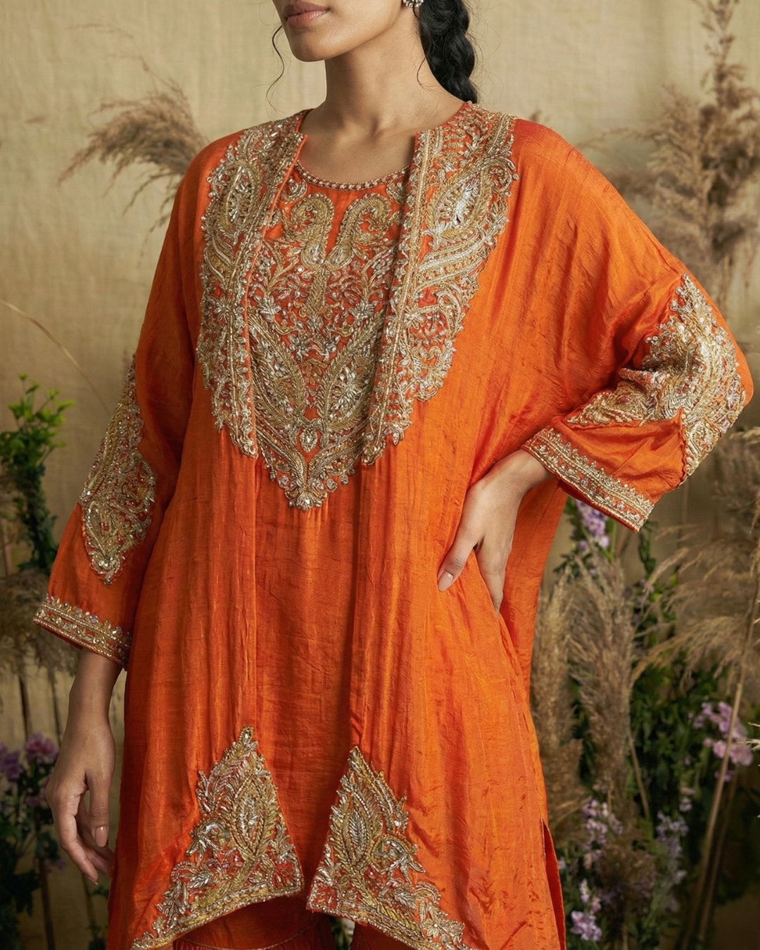 Sunset Opulence Hand-Embroidered Kaftan with Sharara