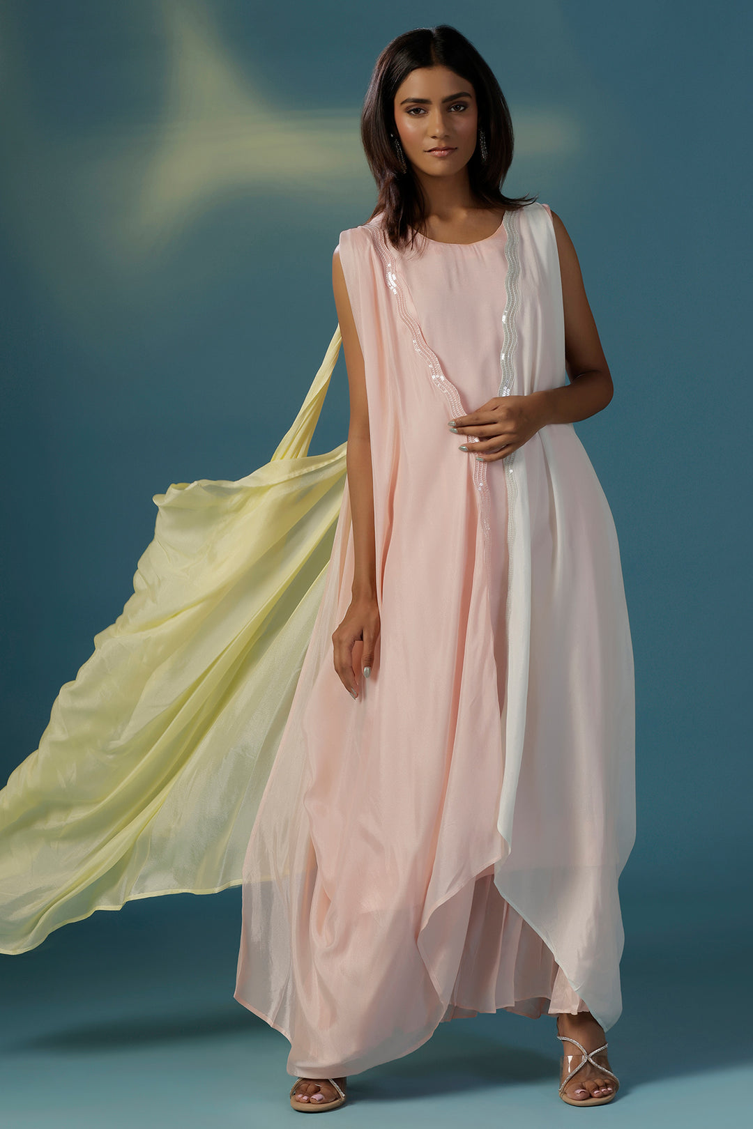 soft pastel dress Soft Pastel Blue Floral Chiffon Dress with Long Bell Sleeve Ruffle Cardigan Set