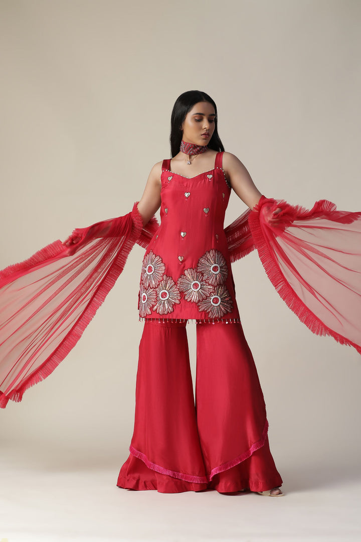 Red Hand Embroidered Sharara Set