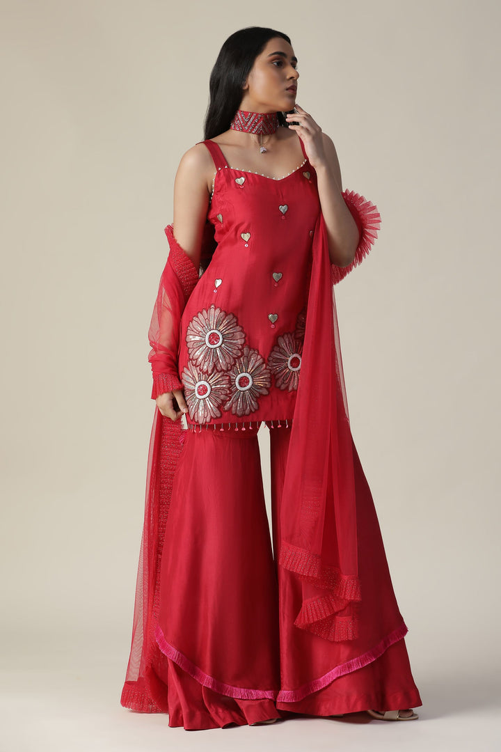 Red Hand Embroidered Sharara Set