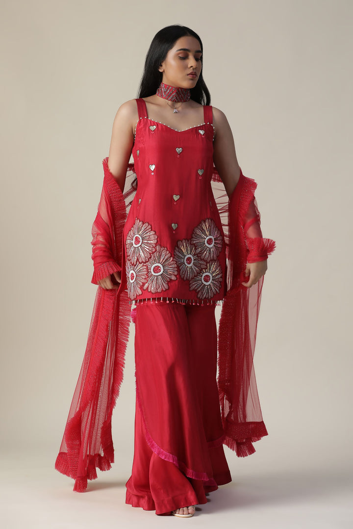 Red Hand Embroidered Sharara Set