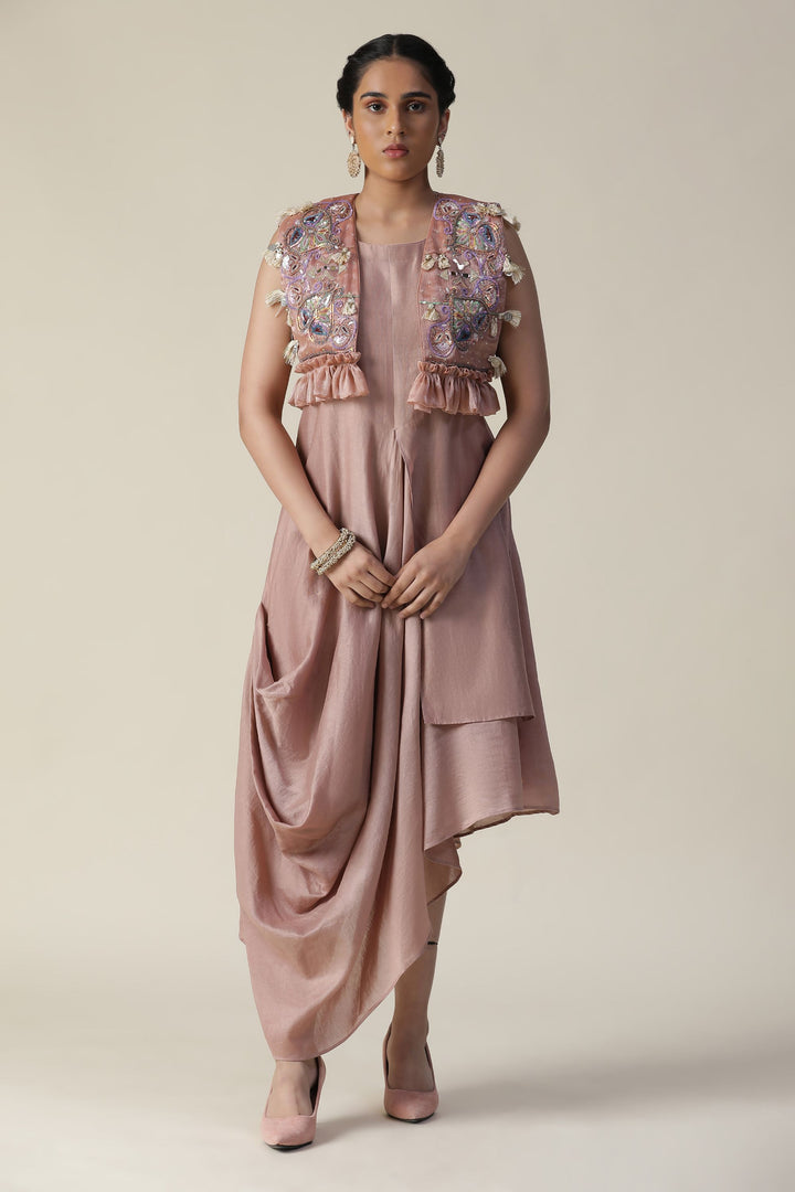 Blush Pink Draped Style Kaftan with Heavy Embroidered Cape