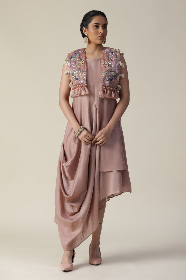 Blush Pink Draped Style Kaftan with Heavy Embroidered Cape