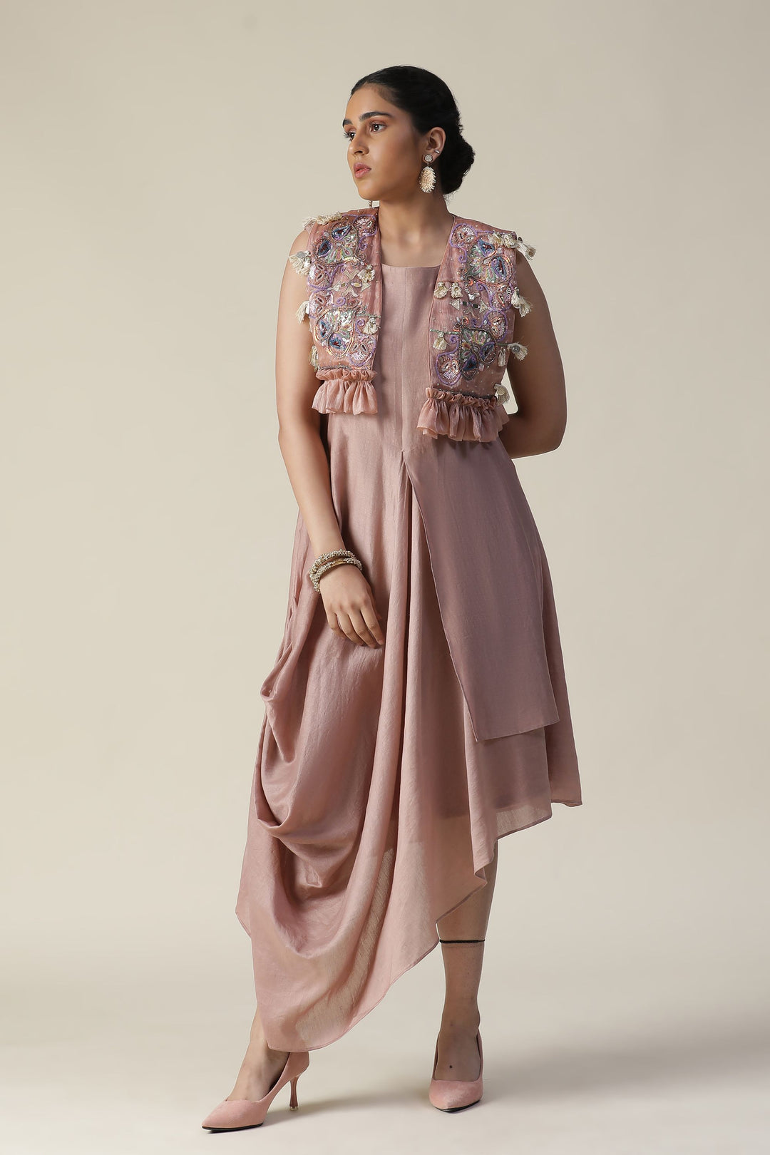 Blush Pink Draped Style Kaftan with Heavy Embroidered Cape