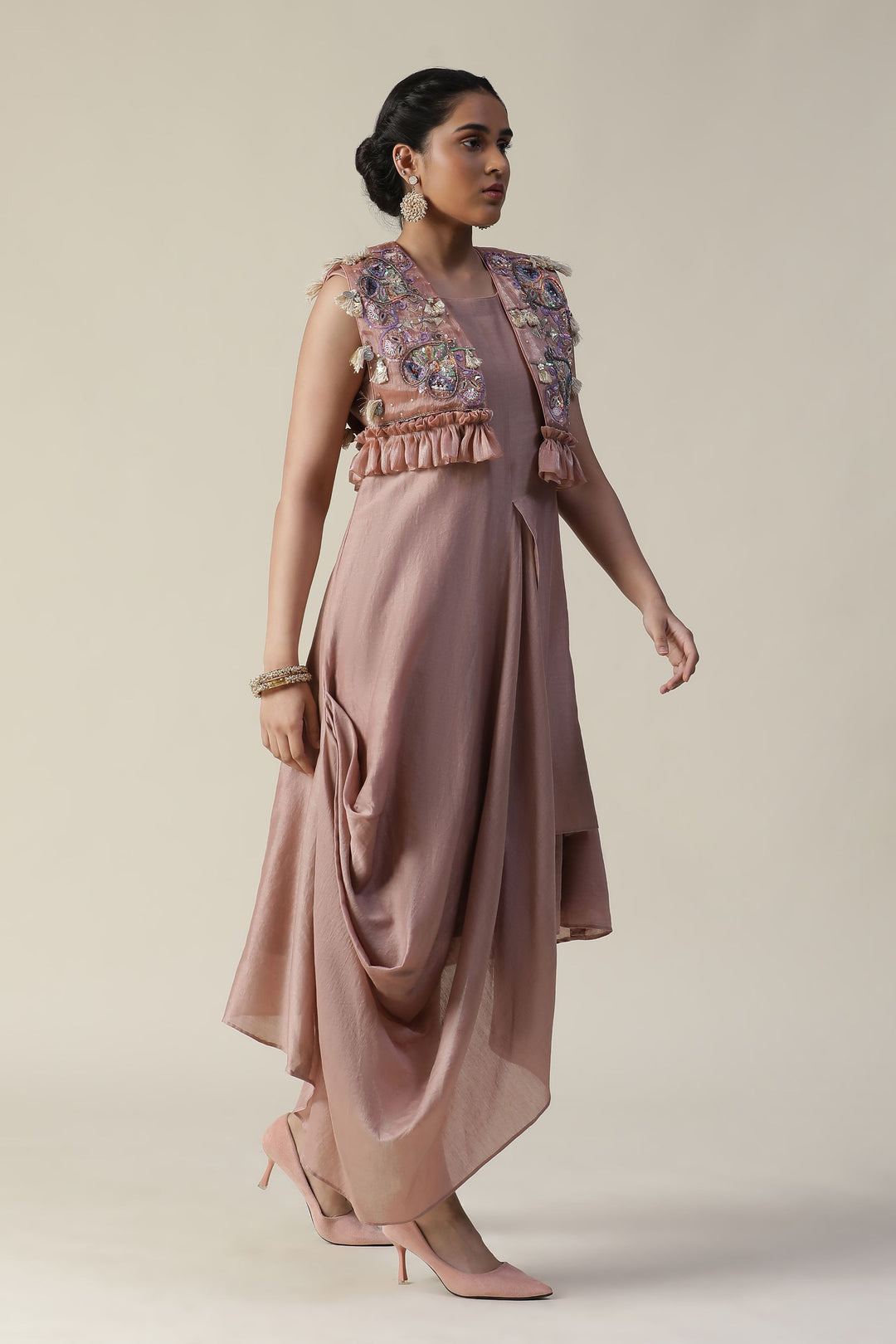 Blush Pink Draped Style Kaftan with Heavy Embroidered Cape