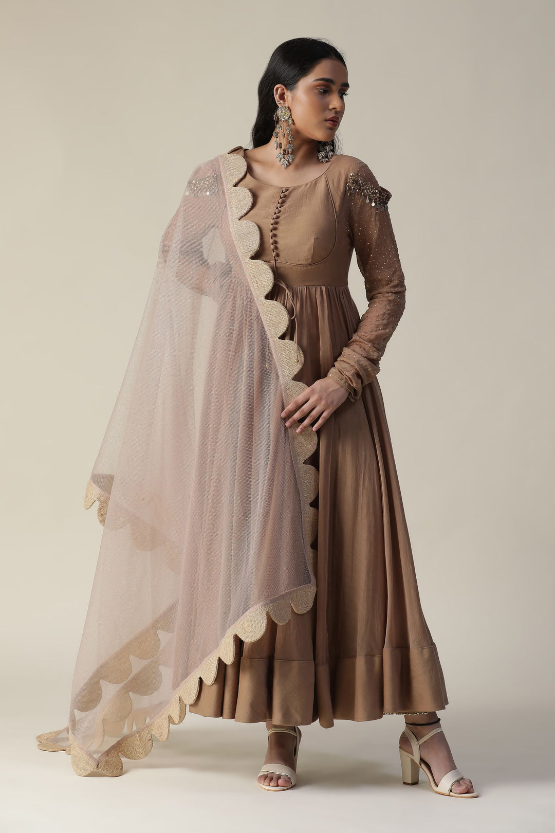 Beige Embroidered Anarkali with Pants