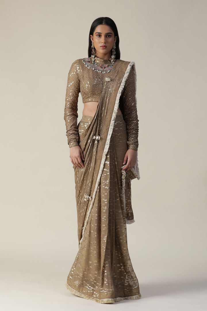 Gold Georgette Pre-Draped Saree