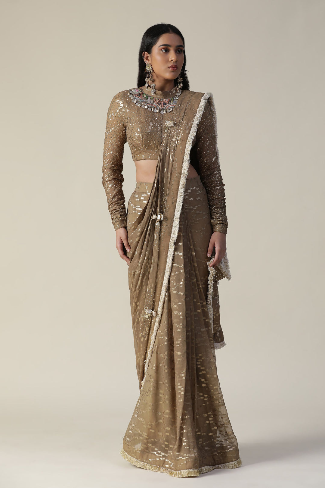 Gold Georgette Pre-Draped Saree